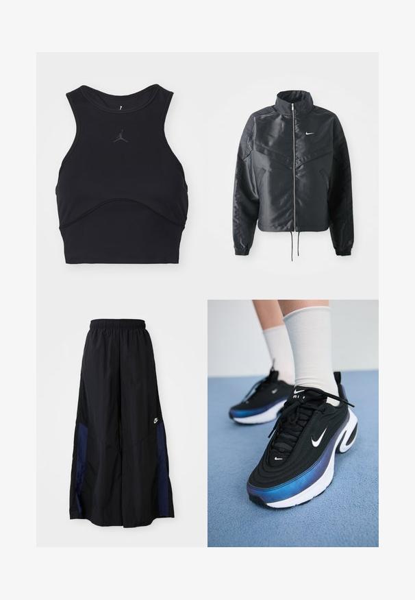 Fekete, rövidített dzseki magas gallérral, cipzáras záródással, elasztikus mandzsettákkal, és fehér Nike logóval. Simább, fényes anyag, enyhén textúrázott felülettel.; Fekete sportmelltartó sima anyagból, kerek nyakkal és ujjatlan kivitelben. Diszkrét szürke logóval és ívelt varrás részletekkel rendelkezik.; Fekete, bő szárú nadrág könnyű anyagból, tengerészkék oldalsó panellel és elasztikus derékkal. Kicsi fehér logó az alján.; Fekete Nike sportcipők sima szövet felsőrésszel, kék-fekete gradiens dizájnnal, fehér talppal és feltűnő logókkal.