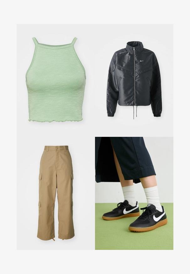 Svart cropped jakke med høy krage, glidelåsåpning, elastiske mansjetter og en hvit Nike-logo. Glatt, shiny stoff med en lett teksturert overflate.; Grønn ribbestrikket crop top med tynne stropper, med en scalloped kant og et teksturert stoff. Ingen fremtredende detaljer eller mønstre.; Beige cargo bukser med høj talje, brede ben og fire store sidelommer. Fremstillet af slidstærkt stof med en glat tekstur og minimal detalje.; Sorte lær- og syntetiske joggesko med hvit Nike swoosh, gummisåle, rund tå og sorte lisser. Ribbet hvite sokker synlige.