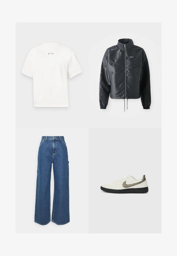 Svart kort jacka med hög krage, dragkedja, ärmslut i elastan och en vit Nike-logotyp. Slät, glänsande tyg med en något strukturerad yta.; Vit kortärmad t-shirt med rund halsringning, prydd med subtilt broderad grön text på baksidan. Mjukt bomullsmaterial, avslappnad passform.; Breda ljusblå denimbyxor med hög midja, kontrasterande sömmar och sidofickor, som har en klassisk femficksdesign och råa kanter.; Nike Sportswear FIELD GENERAL - Sneakers - off-white/black