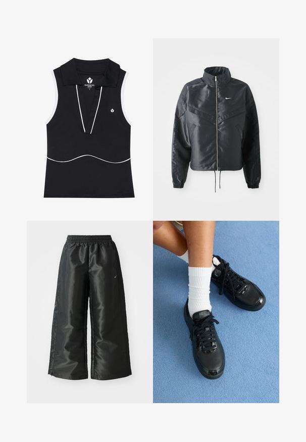 Chaqueta negra corta con cuello alto, cierre de cremallera, puños de elastano y un logo de Nike en blanco. Tejido suave y brillante con una superficie ligeramente texturizada.; Polo sin mangas negro con escote en V, detalles de ribete blanco, tejido elástico y un pequeño logo en el lado izquierdo del pecho.; Pantalones deportivos negros de tejido brillante y suave, con una cinturilla elástica, pierna ancha y un pequeño logo en el lado izquierdo.; Las zapatillas negras de Nike presentan un exterior texturizado, acentos brillantes y cordones redondos. Están acompañadas de calcetines blancos de canalé sobre una superficie azul claro.