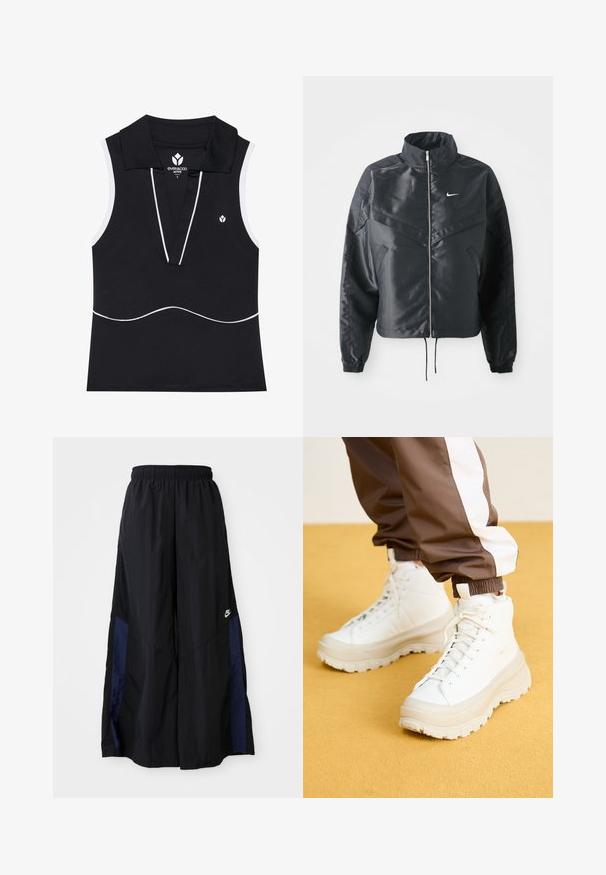 Must kolledžiga must lühike jope, millel on lukuga sulgus, elastne mansett ja valge Nike logo. Sile, läikiv kangas, millel on veidi tekstureeritud pind.; Mustamata ilma varrukat polo särk, millel on v-kaelus, valged äärised, veniv kangas ja väike logo vasakul rinnal.; Mustad laiad mustad püksid kergest kangast, millel on tumesinine külgpaneel ja elastne vöökoht. Väike valge logo allservas.; Valged kõrged tossud koos raske, tekstureeritud tallaga, sujuva ülaosa, ümmarguse varbaga ja tonaalsete nööpidega, kollase tausta ees.