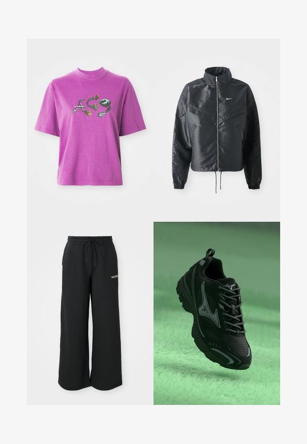 Černá zkrácená bunda s vysokým límcem, zipovým zapínáním, elastickými manžetami a bílým logem Nike. Hladká, lesklá látka s mírně strukturovaným povrchem.; Fialové tričko s krátkým rukávem a vysokým límcem, na kterém je grafický design stylizovaných písmen "A", "C" a "9" s květinovými a trnitými prvky.; Černé široké tepláky vyrobené z měkkého materiálu, s elastickým pasem na šňůrku a malým logem na levé straně.; Černé atletické boty s texturovaným povrchem, šedými akcenty a tkaničkami. Mají výrazné logo značky a polstrovanou podrážku pro podporu.