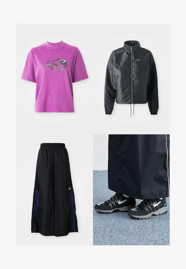 Černá zkrácená bunda s vysokým límcem, zipovým zapínáním, elastickými manžetami a bílým logem Nike. Hladká, lesklá látka s mírně strukturovaným povrchem.; Fialové tričko s krátkým rukávem a vysokým límcem, na kterém je grafický design stylizovaných písmen "A", "C" a "9" s květinovými a trnitými prvky.; Černé kalhoty širokého střihu vyrobené z lehkého materiálu, s námořnickou modrou bočním panelem a elastickým pasem. Malé bílé logo na spodní části.; Černé sportovní boty s texturovaným svrškem, stříbrnými akcenty a vzorovanou podrážkou, ve spojení s černým dlouhým oděvem. Umístěno na modrém koberci.