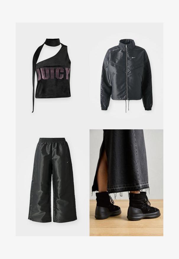 Black cropped jacket with high collar, zip closure, elastane cuffs, and a white Nike logo. Smooth, shiny fabric with a slightly textured surface.; Black halter crop top in velvety fabric featuring an asymmetrical design and rhinestone accents spelling "JUICY" across the front.; Black athletic pants with a shiny, smooth fabric, featuring an elastic waistband, wide legs, and a small logo on the left side.; Black ankle boots made of suede, featuring a rounded toe, lace-up design, and a thick, textured rubber sole. Unfinished hem denim skirt visible.