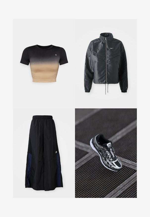 Black cropped jacket with high collar, zip closure, elastane cuffs, and a white Nike logo. Smooth, shiny fabric with a slightly textured surface.; Short-sleeve crop top with a gradient from black to beige. Smooth texture, round neckline, and a subtle logo on the chest.; Black wide-leg pants made of lightweight fabric, featuring a navy blue side panel and an elastic waistband. Small white logo on bottom.; Nike running shoe featuring a black and silver color scheme, mesh upper, textured sole, and lacing system for secure fit.