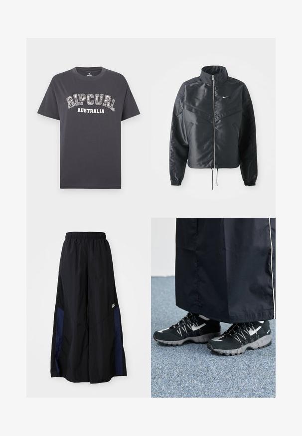 Black cropped jacket with high collar, zip closure, elastane cuffs, and a white Nike logo. Smooth, shiny fabric with a slightly textured surface.; Dark grey cotton t-shirt with short sleeves, featuring a white printed logo "RIPCURL AUSTRALIA" in a bold, arched style.; Black wide-leg pants made of lightweight fabric, featuring a navy blue side panel and an elastic waistband. Small white logo on bottom.; Black athletic shoes with a textured upper, silver accents, and a patterned outsole, paired with a black long garment. Set against blue carpet.