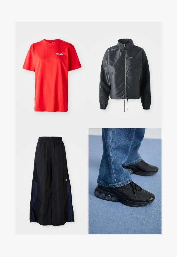 Chaqueta negra corta con cuello alto, cierre de cremallera, puños de elastano y un logo de Nike en blanco. Tejido suave y brillante con una superficie ligeramente texturizada.; Camiseta de algodón roja con mangas cortas, cuello redondo y un pequeño logotipo blanco en el pecho. Textura suave con un ajuste clásico.; Pantalones de pierna ancha negros, confeccionados en una tela ligera, con un panel lateral azul marino y una cinturilla elástica. Logotipo blanco pequeño en la parte inferior.; Zapatillas deportivas negras con parte superior de malla, acentos texturizados y cápsulas de amortiguación de aire visibles en la suela. Combinadas con jeans de mezclilla azul.