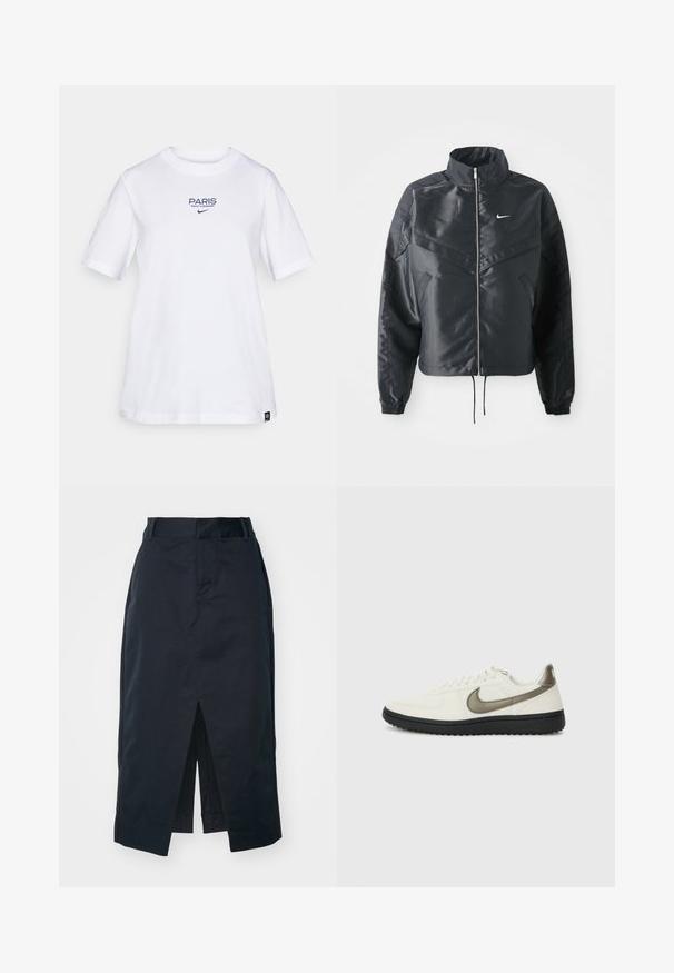 Jachetă croppată neagră cu guler înalt, închidere cu fermoar, manșete din elastan și un logo alb Nike. Material neted, lucios, cu o suprafață ușor texturată.; Tricou alb din bumbac cu text albastru „PARIS SAINT-GERMAIN” și logo-ul Nike. Guler clasic rotund și mâneci scurte, croială lejeră.; Fustă midi de culoare bleumarin închis, realizată dintr-un amestec de bumbac, având o fanta frontală, fermoar ascuns și buzunare laterale pentru funcționalitate.; Nike Sportswear FIELD GENERAL - Sneakers low - off-white/black