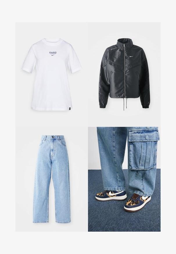 Svart cropped jakke med høy krage, glidelåsåpning, elastiske mansjetter og en hvit Nike-logo. Glatt, shiny stoff med en lett teksturert overflate.; Hvit bomull T-skjorte med blå tekst "PARIS SAINT-GERMAIN" og Nike-logo. Klassisk rund hals og korte ermer, avslappet passform.; Høytlivede lyseblå denimjeans med rette vide ben, frontknapp, glidelåslukking og lommer foran og bak.; Mørkeblå sneakers med leopardmønstrede detaljer, hvit Nike-svosh, brune snører og hvit mellomsåle. Kombinert med lyse denim cargo-bukser.