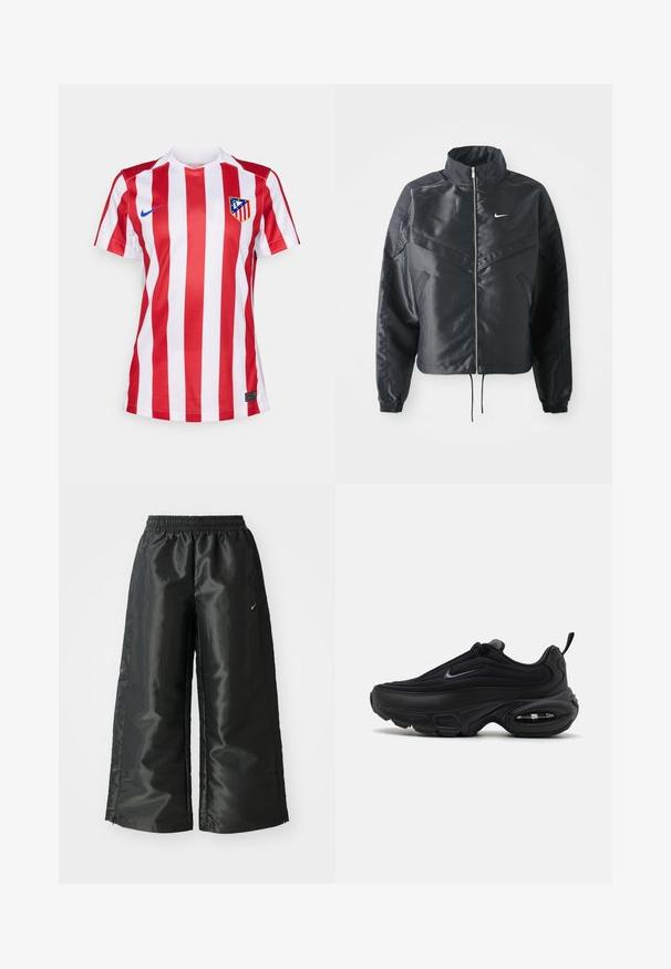Juoda trumpa striukė su aukštu coloru, užtrauktuku, elastaniniu rankogaliu ir balta Nike logotipu. Lygus, blizgus audinys su šiek tiek tekstūruotu paviršiumi.; Raudonos ir baltos juostelės futbolo marškiniai su V formos kaklu, su mėlynu Nike logotipu ir klubo emblema ant kairės krūtinės. Pagaminta iš kvėpuojančios medžiagos.; Juodi sportiniai džinsai su blizgia, lygaus audinio medžiaga, turintys elastingą juosmenį, plačias kojų dalis ir mažą logotipą kairėje pusėje.; Juodas sportinis batas su lygiu, tekstūruotu paviršiumi. Turi apvalų nosį, paminkštintą apykaklę ir matomą oro pagalvę padais.