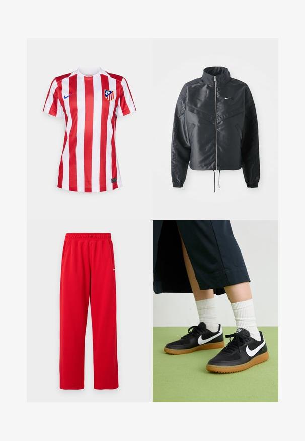 Casaco preto curto com colarinho alto, fecho de zip, punhos em elastano e um logótipo Nike branco. Tecido suave e brilhante com uma superfície ligeiramente texturizada.; Camisa de futebol listrada em vermelho e branco com decote em V, apresentando um logo azul da Nike e um emblema do clube no lado esquerdo do peito. Feita de tecido respirável.; Calças desportivas vermelhas com cintura elástica, bolsos laterais e um logótipo branco da Nike no lado esquerdo. Feitas de um tecido suave.; Sapatilhas pretas em couro e sintético com o logo da Nike em branco, sola de borracha tipo goma, bico redondo e atacadores pretos. Meias brancas com frunces visíveis.