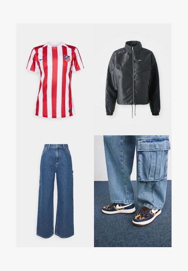 Giacca nera cropped con colletto alto, chiusura a zip, polsini in elastan e logo Nike bianco. Tessuto liscio e lucido con una superficie leggermente texturizzata.; Maglia da calcio a righe rosse e bianche con scollo a V, caratterizzata da un logo Nike blu e uno stemma del club sul petto sinistro. Realizzata in tessuto traspirante.; Pantaloni in denim blu a gamba larga con vita alta, cuciture a contrasto e tasche laterali, caratterizzati da un classico design a cinque tasche e orli grezzi.; Sneaker blu navy con accenti in stampa leopardata, logo Nike bianco, lacci marroni e suola intermedia bianca. Abbinati a pantaloni cargo in denim chiaro.