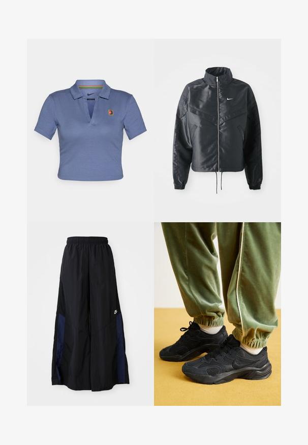 Giacca nera cropped con colletto alto, chiusura a zip, polsini in elastan e logo Nike bianco. Tessuto liscio e lucido con una superficie leggermente texturizzata.; Polo shirt blu a maniche corte con colletto, caratterizzato dal logo Nike e da un accento a righe multicolore all'interno del colletto. Materiale morbido.; Pantaloni neri a gamba larga realizzati in tessuto leggero, con un pannello laterale blu navy e una cintura elastica. Piccolo logo bianco sul fondo.; Sneakers sportivi neri con sovrapposizioni in rete e sintetico, suola texturizzata, abbinati a pantaloni da jogging verdi con polsini elasticizzati, su una superficie gialla.