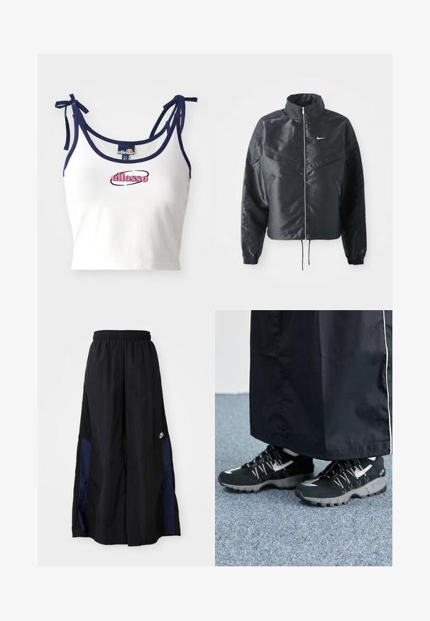 Black cropped jacket with high collar, zip closure, elastane cuffs, and a white Nike logo. Smooth, shiny fabric with a slightly textured surface.; White crop top with navy straps, featuring the embroidered logo "ellesse" in pink. Smooth fabric, adjustable ties on the shoulders.; Black wide-leg pants made of lightweight fabric, featuring a navy blue side panel and an elastic waistband. Small white logo on bottom.; Black athletic shoes with a textured upper, silver accents, and a patterned outsole, paired with a black long garment. Set against blue carpet.