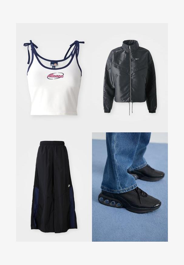 Crna kratka jakna s visokim ovratnikom, zatvaranjem na patentni zatvarač, elastinim rukavima i bijelim Nike logom. Glatka, sjajna tkanina s lagano teksturiranom površinom.; Bjela uska majica s mornarskim trakama, sa izvezenim logom "ellesse" u ružičastoj boji. Glatka tkanina, podesive vezice na ramenima.; Crne hlače širokih nogavica izrađene od lagane tkanine, sa tamnoplavim bočnim panelom i elastičnom stražnjom trakom. Mali bijeli logo je na dnu.; Crne atletske tenisice s mrežastim gornjim dijelom, teksturiranim detaljima i vidljivim zračnim jastučićima u potplatu. Nosene su uz plave traperice.