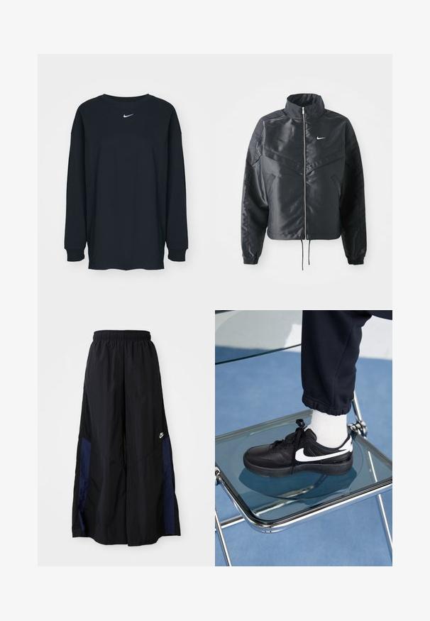 Czarna krótka kurtka z wysokim kołnierzem, zamek błyskawiczny, ściągacze z elastanu i białe logo Nike. Gładki, błyszczący materiał o lekko teksturowanej powierzchni.; Czarna, długosleeve'owa koszulka z bawełny z okrągłym dekoltem. Posiada białe logo Nike na piersi. Miękka faktura, prosty design.; Czarne spodnie szerokie wykonane z lekkiego materiału, z granatowym bocznym panelem i elastycznym paskiem w talii. Małe białe logo na dole.; Czarne sneakersy Nike z białymi akcentami, charakteryzujące się gładką skórzaną teksturą, zawiązywaną konstrukcją i zaokrąglonym noskiem, umieszczone na szklanym krześle.
