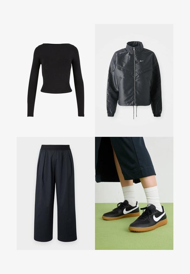 Black cropped jacket with high collar, zip closure, elastane cuffs, and a white Nike logo. Smooth, shiny fabric with a slightly textured surface.; Black, long-sleeve crop top made of soft, stretchy fabric with a simple, fitted design and a wide neckline. No patterns or embellishments.; Black wide-leg pants with a pleated front, elastic waistband, and smooth fabric texture. Features a loose fit and cropped length.; Black leather and synthetic sneakers with white Nike swoosh, rubber gum sole, round toe, and black laces. Ribbed white socks visible.