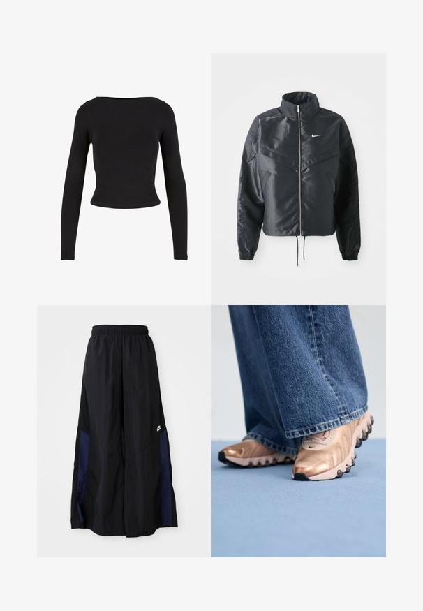 Black cropped jacket with high collar, zip closure, elastane cuffs, and a white Nike logo. Smooth, shiny fabric with a slightly textured surface.; Black, long-sleeve crop top made of soft, stretchy fabric with a simple, fitted design and a wide neckline. No patterns or embellishments.; Black wide-leg pants made of lightweight fabric, featuring a navy blue side panel and an elastic waistband. Small white logo on bottom.; Sneakers with a metallic rose gold upper and textured design, featuring black rubber soles. Paired with wide-leg blue denim jeans.