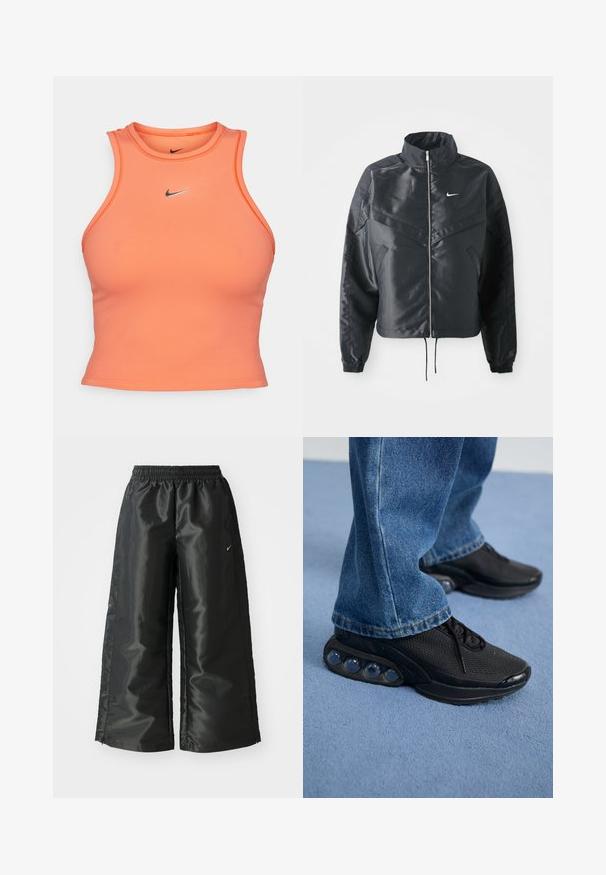 Fekete, rövidített dzseki magas gallérral, cipzáras záródással, elasztikus mandzsettákkal, és fehér Nike logóval. Simább, fényes anyag, enyhén textúrázott felülettel.; Narancssárga ujjatlan crop top rugalmas anyagból, kerek nyakkivágással és egy kis fekete Nike logóval a közepén.; Fekete sportnadrág fényes, sima anyagból, rugalmas derékkal, széles lábakkal és egy kis logóval a bal oldalon.; Fekete sportcipők hálós felsőrésszel, textúrázott részletekkel és a talpban látható lég párnázó zsebekkel. Kék farmernadrággal viselve.