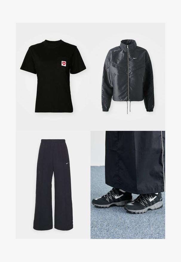 Zwarte cropped jack met hoge kraag, ritsluiting, elastische manchetten en een wit Nike-logo. Glad, glanzend materiaal met een licht gestructureerd oppervlak.; Zwarte katoenen t-shirt met een ronde hals en korte mouwen. Heeft een borstzak met een rood hartlogo en witte tekst.; Zwarte wijde broek met een elastische tailleband en een klein wit Nike-logo. De stof heeft een soepele textuur, ontworpen voor comfort en casual gebruik.; Zwarte atletische schoenen met een gestructureerde bovenkant, zilveren accenten en een gestippelde loopzool, gecombineerd met een zwart lang kledingstuk. Geplaatst op een blauwe vloerbedekking.