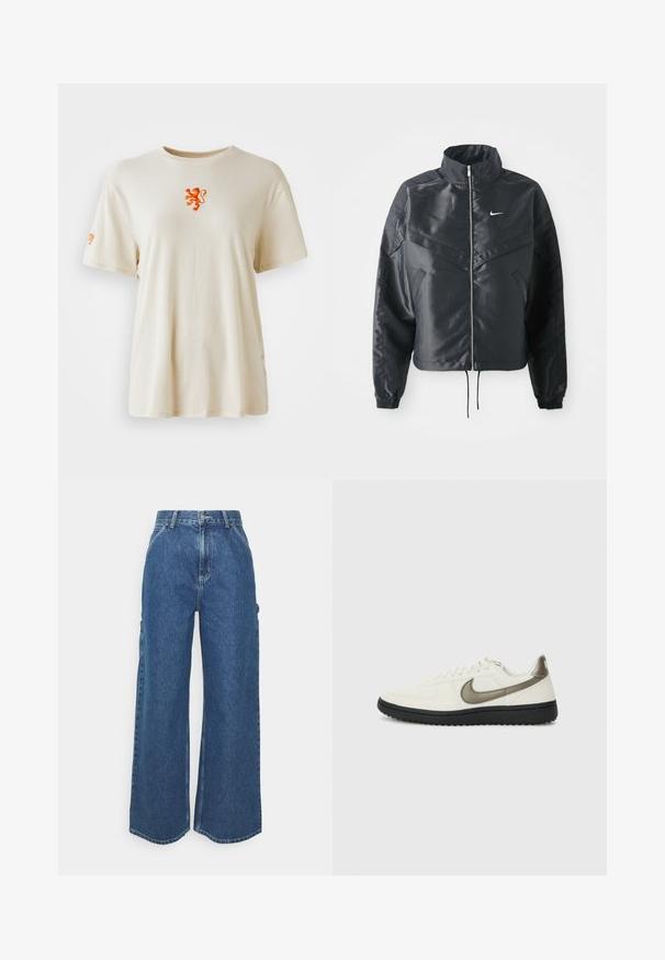 Czarna krótka kurtka z wysokim kołnierzem, zamek błyskawiczny, ściągacze z elastanu i białe logo Nike. Gładki, błyszczący materiał o lekko teksturowanej powierzchni.; Beżowa bawełniana koszulka z okrągłym dekoltem. Posiada pomarańczowy emblemat lwa na piersi oraz pomarańczowe logo na rękawie. Krótkie rękawy.; Szerokie niebieskie dżinsowe spodnie z wysokim stanem, kontrastowymi szwami i bocznymi kieszeniami, z klasycznym pięciokieszeniowym wzorem i surowymi brzegami.; Nike Sportswear - Sneakersy niskie
