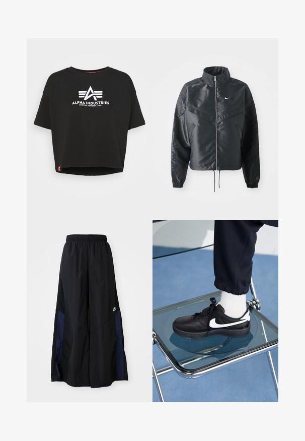 Chaqueta negra corta con cuello alto, cierre de cremallera, puños de elastano y un logo de Nike en blanco. Tejido suave y brillante con una superficie ligeramente texturizada.; Alpha Industries BASIC - Camiseta estampada - black; Pantalones de pierna ancha negros, confeccionados en una tela ligera, con un panel lateral azul marino y una cinturilla elástica. Logotipo blanco pequeño en la parte inferior.; Zapatillas Nike negras con acentos blancos, con una textura de cuero suave, diseño de cordones y punta redondeada, colocadas sobre una silla de cristal.