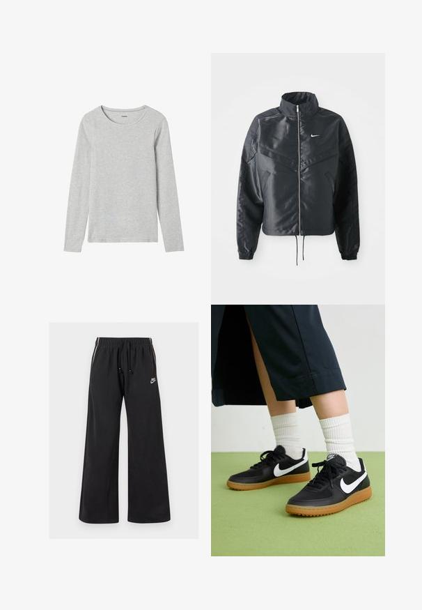 Czarna krótka kurtka z wysokim kołnierzem, zamek błyskawiczny, ściągacze z elastanu i białe logo Nike. Gładki, błyszczący materiał o lekko teksturowanej powierzchni.; Szara koszula z długim rękawem, wykonana z lekkiej mieszanki bawełny, z okrągłym dekoltem i gładką fakturą, bez wzorów ani dodatków.; Czarne dresy wykonane z miękkiego materiału, z elastycznym paskiem w talii z sznurkiem, bocznymi paskami i małym logo z przodu po lewej stronie.; Czarne skórzane i syntetyczne sneakersy z białym logo Nike, gumową podeszwą, okrągłym noskiem i czarnymi sznurowadłami. Widziane są ribbowane białe skarpetki.