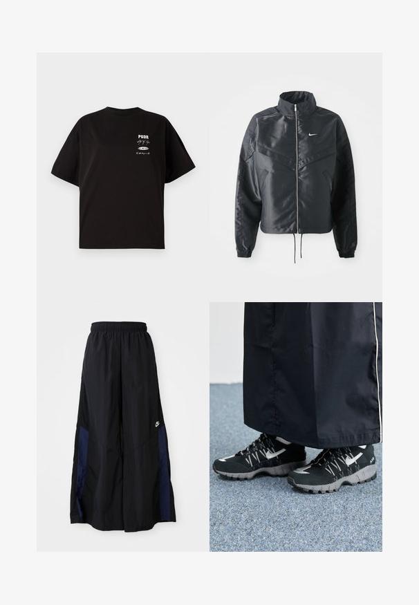 Casaco preto curto com colarinho alto, fecho de zip, punhos em elastano e um logótipo Nike branco. Tecido suave e brilhante com uma superfície ligeiramente texturizada.; Camiseta de algodão preta com um corte solto, decote redondo, mangas curtas, com texto e gráficos impressos em branco na área do peito esquerdo.; Calças largas pretas feitas de tecido leve, com um painel lateral azul-marinho e cintura elástica. Pequeno logótipo branco na parte inferior.; Tênis atléticos pretos com um cabedal texturizado, detalhes prateados e um solado estampado, combinados com uma peça longa preta. Ambientado sobre um tapete azul.