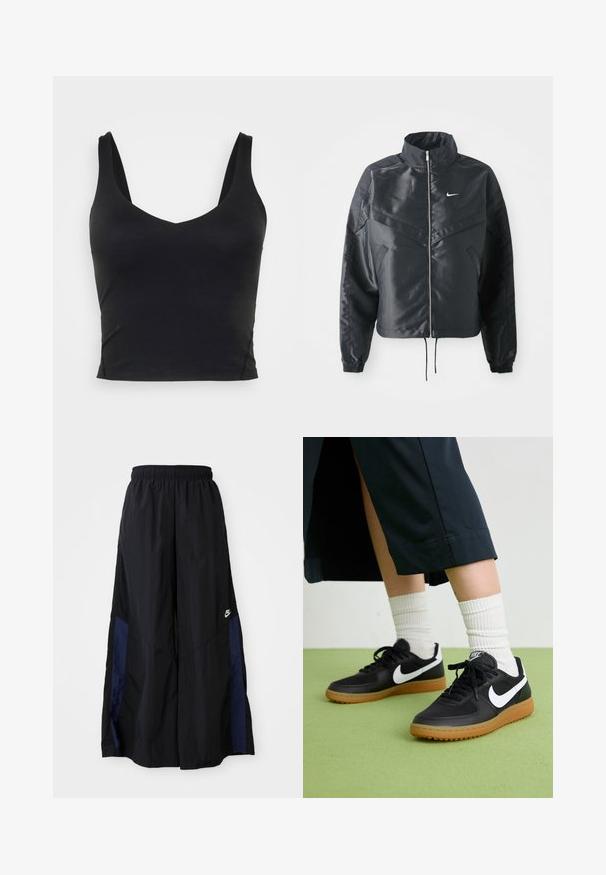 Zwarte cropped jack met hoge kraag, ritsluiting, elastische manchetten en een wit Nike-logo. Glad, glanzend materiaal met een licht gestructureerd oppervlak.; Zwart sans-mouwen crop top met een diepe V-hals, gemaakt van gladde, rekbare stof. Heeft een nette zoom en geen zichtbare patronen of accenten.; Zwarte wijdlopende broek van lichtgewicht stof, met een marineblauwe zijpaneel en een elastische tailleband. Klein wit logo onderaan.; Zwarte leren en synthetische sneakers met witte Nike swoosh, rubberen gumzool, ronde neus en zwarte veters. Geribbelde witte sokken zichtbaar.