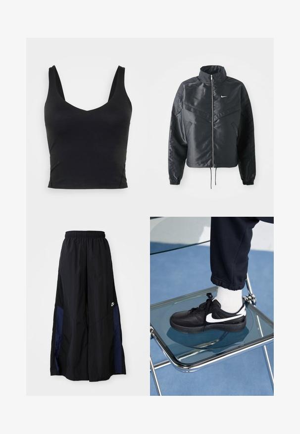 Jachetă croppată neagră cu guler înalt, închidere cu fermoar, manșete din elastan și un logo alb Nike. Material neted, lucios, cu o suprafață ușor texturată.; Crop top negru fără mâneci, cu un decolteu adânc în V, realizat dintr-un material neted și elastic. Are un tiv curat și fără modele sau accente vizibile.; Pantaloni negri cu croi larg, confecționați dintr-un material ușor, având un panou lateral albastru marin și un brâu elastic. Logo mic alb în partea de jos.; Adidași negri Nike cu accente albe, cu o textură de piele netedă, design cu șireturi și vârf rotunjit, așezați pe un scaun din sticlă.