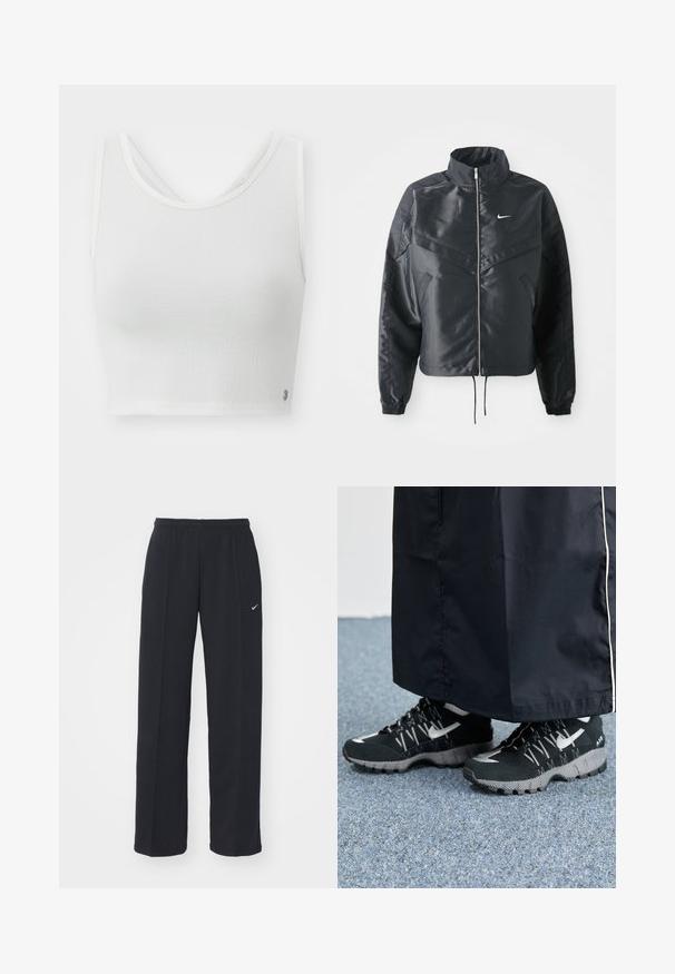Black cropped jacket with high collar, zip closure, elastane cuffs, and a white Nike logo. Smooth, shiny fabric with a slightly textured surface.; White crop top featuring a textured fabric, scoop neckline, and a layered back design with a small logo accent on the side.; Black Nike jogger pants with an elastic waistband and side pockets, featuring a small white logo on the left leg and a straight fit design.; Black athletic shoes with a textured upper, silver accents, and a patterned outsole, paired with a black long garment. Set against blue carpet.