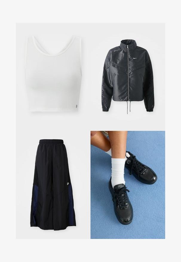 Black cropped jacket with high collar, zip closure, elastane cuffs, and a white Nike logo. Smooth, shiny fabric with a slightly textured surface.; White crop top featuring a textured fabric, scoop neckline, and a layered back design with a small logo accent on the side.; Black wide-leg pants made of lightweight fabric, featuring a navy blue side panel and an elastic waistband. Small white logo on bottom.; Black Nike sneakers feature a textured upper, glossy accents, and round laces. They are paired with white ribbed socks on a light blue surface.