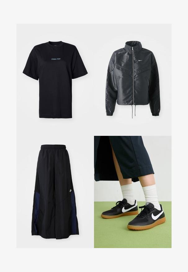 Svart cropped jakke med høy krage, glidelåsåpning, elastiske mansjetter og en hvit Nike-logo. Glatt, shiny stoff med en lett teksturert overflate.; Svart bomull T-skjorte med avslappet passform. Har "Carhartt, WTP" brodert i lyseblått på forsiden, rund halsutskjæring og korte ermer.; Svarte vide bukser laget av lett stoff, med et marineblått sidestykke og elastisk midjebånd. Liten hvit logo nederst.; Sorte lær- og syntetiske joggesko med hvit Nike swoosh, gummisåle, rund tå og sorte lisser. Ribbet hvite sokker synlige.