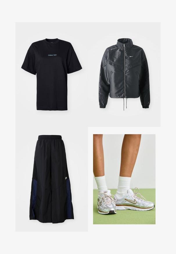 Casaco preto curto com colarinho alto, fecho de zip, punhos em elastano e um logótipo Nike branco. Tecido suave e brilhante com uma superfície ligeiramente texturizada.; T-shirt de algodão preto com um corte descontraído. Apresenta "Carhartt, WTP" bordado em azul claro na frente, gola redonda e mangas curtas.; Calças largas pretas feitas de tecido leve, com um painel lateral azul-marinho e cintura elástica. Pequeno logótipo branco na parte inferior.; Tênis atléticos prateados com detalhes em branco e dourado, apresentando um upper em malha, sola de borracha e um acabamento reflexivo. Meias visíveis acima do tornozelo.