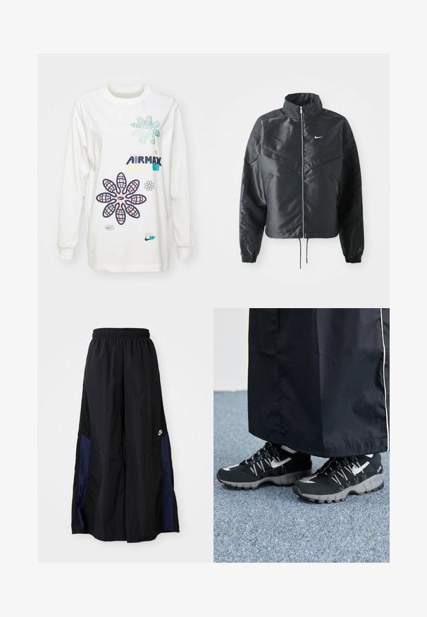 Casaco preto curto com colarinho alto, fecho de zip, punhos em elastano e um logótipo Nike branco. Tecido suave e brilhante com uma superfície ligeiramente texturizada.; T-shirt branco de manga longa com gráficos florais coloridos e texto de marca. Tecido suave com um corte descontraído, decote redondo e mangas longas.; Calças largas pretas feitas de tecido leve, com um painel lateral azul-marinho e cintura elástica. Pequeno logótipo branco na parte inferior.; Tênis atléticos pretos com um cabedal texturizado, detalhes prateados e um solado estampado, combinados com uma peça longa preta. Ambientado sobre um tapete azul.
