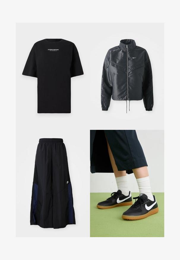 Melna apgriezta jaka ar augstu apkakli, rāvējslēdzēja aizdari, elastīna aprocēm un baltu Nike logo. Gluda, spīdīga auduma ar nedaudz teksturētu virsmu.; Melnas pārāk lielas t-krekls, kas izgatavots no kokvilnas, ar apaļu kakla izgriezumu un īsām piedurknēm, uz kura balti ir uzdrukāts "STUDIO EDITION".; Melni plata kāju bikses no viegla auduma, ar tumši zilu sānu paneli un elastīgu jostu. Mazs balts logotips apakšā.; Melna āda un sintētiska materiāla sporta apavi ar baltu Nike logo, gumijas zole, apaļa purngala forma un melni šņores. Redzamas ribotas baltas zeķes.