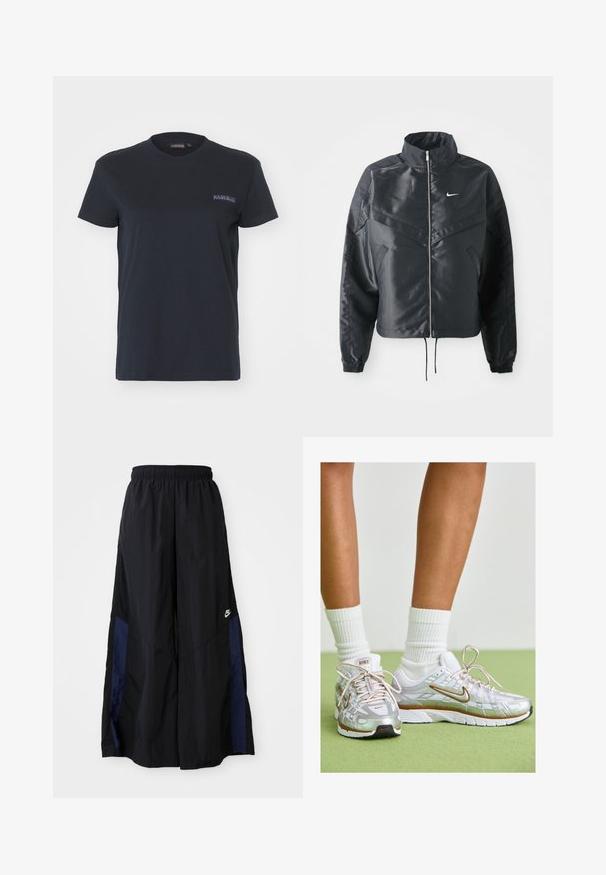 Μαύρο cropped μπουφάν με ψηλό γιακά, κλείσιμο με φερμουάρ, μανσέτες από ελαστάνη και λευκό λογότυπο Nike. Λείο, γυαλιστερό ύφασμα με ελαφρώς υφή.; Napapijri BLANCHE - Μπλουζάκι με στάμπα - black; Μαύρο παντελόνι με φαρδιά πόδια, κατασκευασμένο από ελαφρύ ύφασμα, με μπλε ναυτική πλευρική λωρίδα και ελαστική μέση. Μικρό λευκό λογότυπο στο κάτω μέρος.; Αθλητικά παπούτσια σε ασημί απόχρωση με λευκές και χρυσές λεπτομέρειες, διαθέτοντας δικτυωτό άνω μέρος, καουτσούκ σόλα και ανακλαστική φινιρίσματα. Κάλτσες ορατές πάνω από τον αστράγαλο.