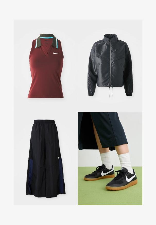 Black cropped jacket with high collar, zip closure, elastane cuffs, and a white Nike logo. Smooth, shiny fabric with a slightly textured surface.; Maroon sleeveless polo shirt with a collared neck, green collar accent, and blue stripe details. Features a white Nike logo on the chest.; Black wide-leg pants made of lightweight fabric, featuring a navy blue side panel and an elastic waistband. Small white logo on bottom.; Black leather and synthetic sneakers with white Nike swoosh, rubber gum sole, round toe, and black laces. Ribbed white socks visible.