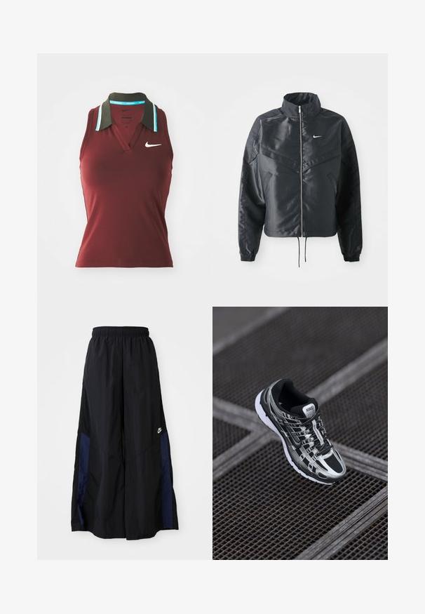 Schwarze, verkürzte Jacke mit hohem Kragen, Reißverschluss, Elastan-Ärmeln und einem weißen Nike-Logo. Glattes, glänzendes Material mit leicht strukturiertem Oberflächeneffekt.; Bordeaux-farbenes ärmelloses Poloshirt mit Kragen, grünem Kragenakzent und blauen Streifendetails. Auf der Brust befindet sich ein weißes Nike-Logo.; Schwarze weit geschnittene Hose aus leichtem Stoff, mit einem dunkelblauen Seitenpanel und einem elastischen Bund. Kleines weißes Logo am unteren Ende.; Nike-Laufschuh mit einem schwarz-silbernen Farbschema, Mesh-Obermaterial, strukturiertem Sohle und Schnürsystem für einen sicheren Sitz.