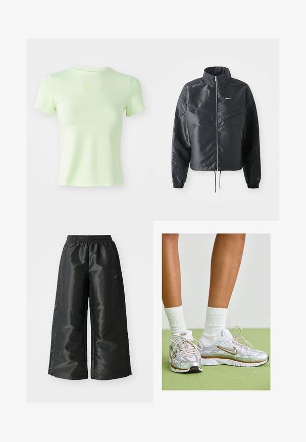 Czarna krótka kurtka z wysokim kołnierzem, zamek błyskawiczny, ściągacze z elastanu i białe logo Nike. Gładki, błyszczący materiał o lekko teksturowanej powierzchni.; Jasnozielona dopasowana koszulka z gładkiego materiału, z okrągłym dekoltem i krótkim rękawem, z małym logo Nike w neonowej zieleni.; Czarne spodnie sportowe z błyszczącego, gładkiego materiału, z elastycznym paskiem w talii, szerokimi nogawkami i małym logo po lewej stronie.; Srebrne buty sportowe z białymi i złotymi akcentami, z siateczkową cholewką, gumową podeszwą i odblaskowym wykończeniem. Skarpetki widoczne ponad kostką.