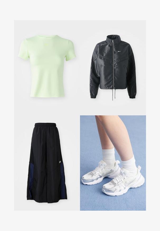 Černá zkrácená bunda s vysokým límcem, zipovým zapínáním, elastickými manžetami a bílým logem Nike. Hladká, lesklá látka s mírně strukturovaným povrchem.; Světlé zelené upnuté tričko vyrobené z hladké tkaniny, s kulatým výstřihem a krátkými rukávy, s malým logem Nike v neonově zelené barvě.; Černé kalhoty širokého střihu vyrobené z lehkého materiálu, s námořnickou modrou bočním panelem a elastickým pasem. Malé bílé logo na spodní části.; Bílé sportovní boty s síťovinou a syntetickými překryvy, se stříbrným swoosh symbolem Nike, doplněné o bílé žebrované ponožky na modrém povrchu.