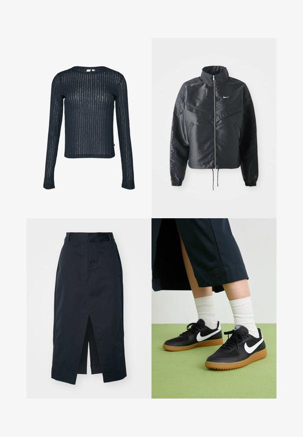 Zwarte cropped jack met hoge kraag, ritsluiting, elastische manchetten en een wit Nike-logo. Glad, glanzend materiaal met een licht gestructureerd oppervlak.; Marineblauw langemouwen top gemaakt van doorschijnende, gestructureerde stof met verticale strepen. Ronde halslijn en iets gecropt zoom. Label zichtbaar aan de zijkant.; Donker marineblauwe midi-rok van een katoenmix, met een valse split, verborgen rits en zijzakken voor functionaliteit.; Zwarte leren en synthetische sneakers met witte Nike swoosh, rubberen gumzool, ronde neus en zwarte veters. Geribbelde witte sokken zichtbaar.
