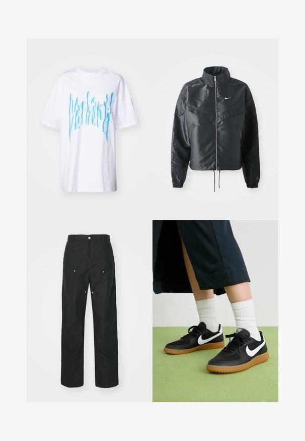 Zwarte cropped jack met hoge kraag, ritsluiting, elastische manchetten en een wit Nike-logo. Glad, glanzend materiaal met een licht gestructureerd oppervlak.; Carhartt WIP GOO - T-shirt print - white/blue; Zwarte broek met een rechte pijpdesign, gemaakt van een textuurstof. Bevat decoratieve zilveren hardware en unieke naaddetails.; Zwarte leren en synthetische sneakers met witte Nike swoosh, rubberen gumzool, ronde neus en zwarte veters. Geribbelde witte sokken zichtbaar.