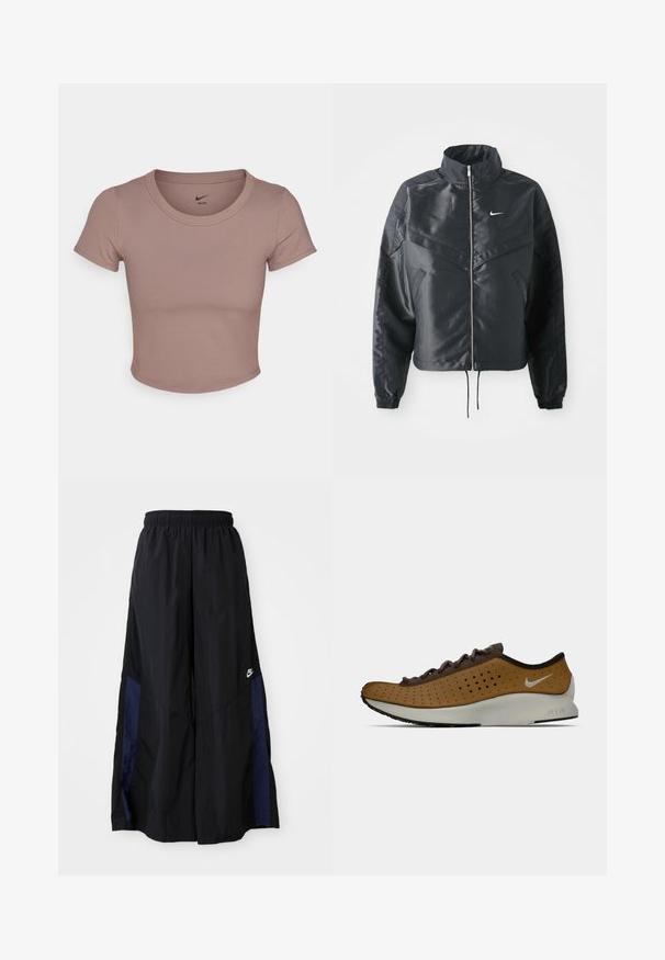 Crna kratka jakna s visokim ovratnikom, zatvaranjem na patentni zatvarač, elastinim rukavima i bijelim Nike logom. Glatka, sjajna tkanina s lagano teksturiranom površinom.; Smeđa kratka majica s kratkim rukavima napravljena od glatkog materijala, s okruglim izrezom. Nike logo otisnut unutar ovratnika.; Crne hlače širokih nogavica izrađene od lagane tkanine, sa tamnoplavim bočnim panelom i elastičnom stražnjom trakom. Mali bijeli logo je na dnu.; Nike tenisice s gornjim dijelom od smeškanog materijala u smeškastim tonovima, tamnosmeđim vezicama i bijelom srednjom potplatom. Dizajn je elegantan s suptilnim profilom.