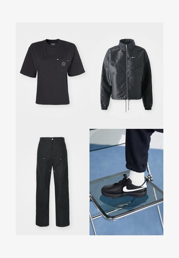 Sort cropped jakke med høj krave, lynlås lukning, elastiske manchetter og et hvidt Nike-logo. Glat, blankt stof med en let struktureret overflade.; Sort bomulds T-shirt med korte ærmer, rund hals og en brystlomme med et patch-logo. Minimalistisk design med en afslappet pasform.; Sorte bukser med lige ben-design, lavet af et tekstureret stof. Har dekorativt sølvhardware og unikke sømdetaljer.; Sorte Nike sneakers med hvide detaljer, der har en glat læderoverflade, snørebånd og rund tå, placeret på en glasstol.