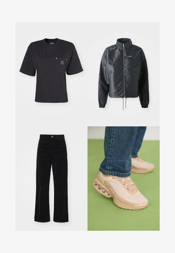 Svart cropped jakke med høy krage, glidelåsåpning, elastiske mansjetter og en hvit Nike-logo. Glatt, shiny stoff med en lett teksturert overflate.; Svart bomull T-skjorte med korte ermer, rund hals og frontlomme med et merkelapplogo. Minimalistisk design med avslappet passform.; Svart corduroy vide bukser med høy midje, med front knapp og glidelås lukking, og vertikal ribbe tekstur gjennom hele.; Lyse beige treningsko har overdel i mesh, gummisåle og avrundede detaljer med metalliske elementer. Brukt sammen med blå jeans på et grønt underlag.