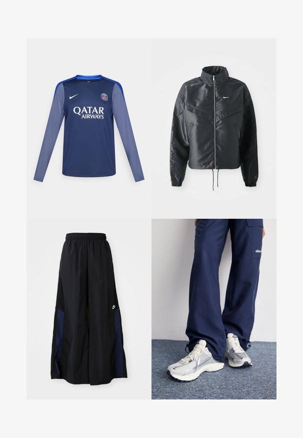 Juoda trumpa striukė su aukštu coloru, užtrauktuku, elastaniniu rankogaliu ir balta Nike logotipu. Lygus, blizgus audinys su šiek tiek tekstūruotu paviršiumi.; Tamsiai mėlyna ilgų rankovių marškinėliai su mėlynais akcentais, Nike logotipas ant krūtinės ir baltais rašmenimis užrašas 'QATAR AIRWAYS'. Lygus audinys, sportiškas kirpimas.; Juodos plačios kojų kelnės, pagamintos iš lengvos medžiagos, su tamsiai mėlyna šonine juostele ir elastinga juosmens juosta. Maža balta logotipo etikete apačioje.; Nike sportiniai batai su sidabro spalvos tinklu, baltais akcentais ir tekstūruotais pado, derinami su laisvais tamsiai mėlynais kelnais.