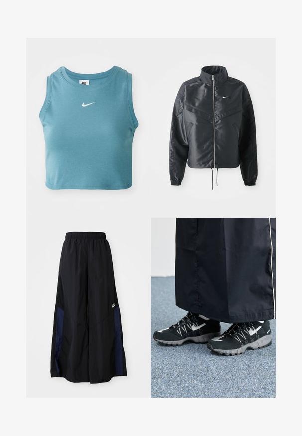 Svart cropped jakke med høy krage, glidelåsåpning, elastiske mansjetter og en hvit Nike-logo. Glatt, shiny stoff med en lett teksturert overflate.; Kuttet, ermeløs tank topp i lys blå ribbet stoff med en hvit Nike-logo på brystet og rund halslinning.; Svarte vide bukser laget av lett stoff, med et marineblått sidestykke og elastisk midjebånd. Liten hvit logo nederst.; Svarte treningssko med teksturert overdel, sølv detaljer og mønstrete såle, sammen med et svart langt plagg. Plassert på et blått teppe.