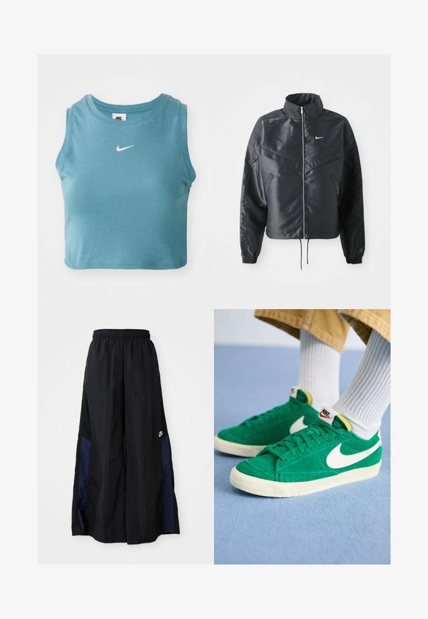 Casaco preto curto com colarinho alto, fecho de zip, punhos em elastano e um logótipo Nike branco. Tecido suave e brilhante com uma superfície ligeiramente texturizada.; Top cropped, sem mangas, em material canelado azul claro, com um logótipo branco da Nike no peito e uma gola redonda.; Calças largas pretas feitas de tecido leve, com um painel lateral azul-marinho e cintura elástica. Pequeno logótipo branco na parte inferior.; Sapatilhas verdes em camurça com o swoosh branco da Nike, sola de borracha e colarinho almofadado. Parte superior texturizada com atacadores planos e detalhes em cores vibrantes.