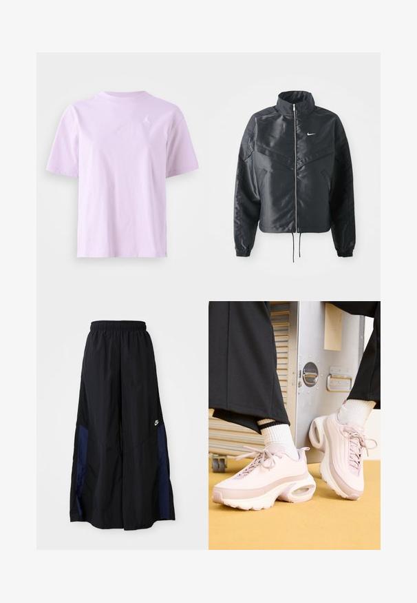 Black cropped jacket with high collar, zip closure, elastane cuffs, and a white Nike logo. Smooth, shiny fabric with a slightly textured surface.; Lavender cotton t-shirt with short sleeves, round neckline, and a small white logo on the left chest. Smooth texture and relaxed fit.; Black wide-leg pants made of lightweight fabric, featuring a navy blue side panel and an elastic waistband. Small white logo on bottom.; Pink athletic sneakers with a textured surface, featuring a rounded toe, laces, and visible air cushioning in the sole. White socks with black stripes.